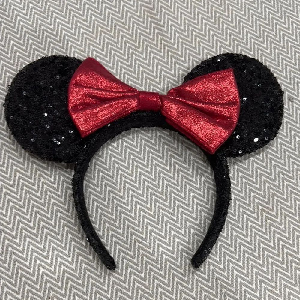 Disney Parks Minnie Mouse Classic Black Sequin Ears with Red Bow Headband